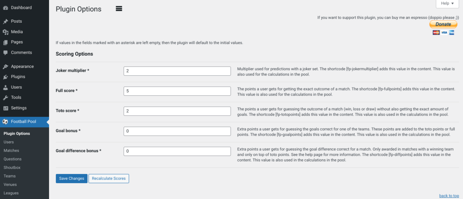Le impostazioni del plugin Football Pool.