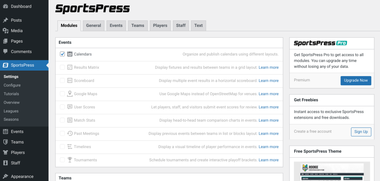 Le impostazioni del plug-in SportsPress.
