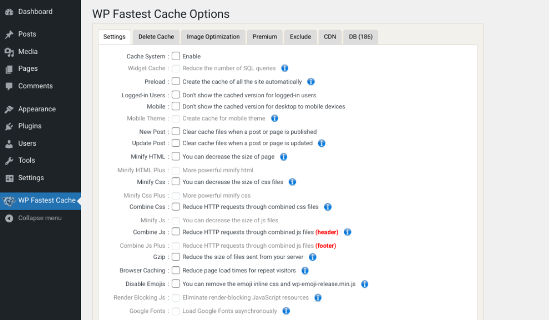 WP Fastest Cache 插件设置。