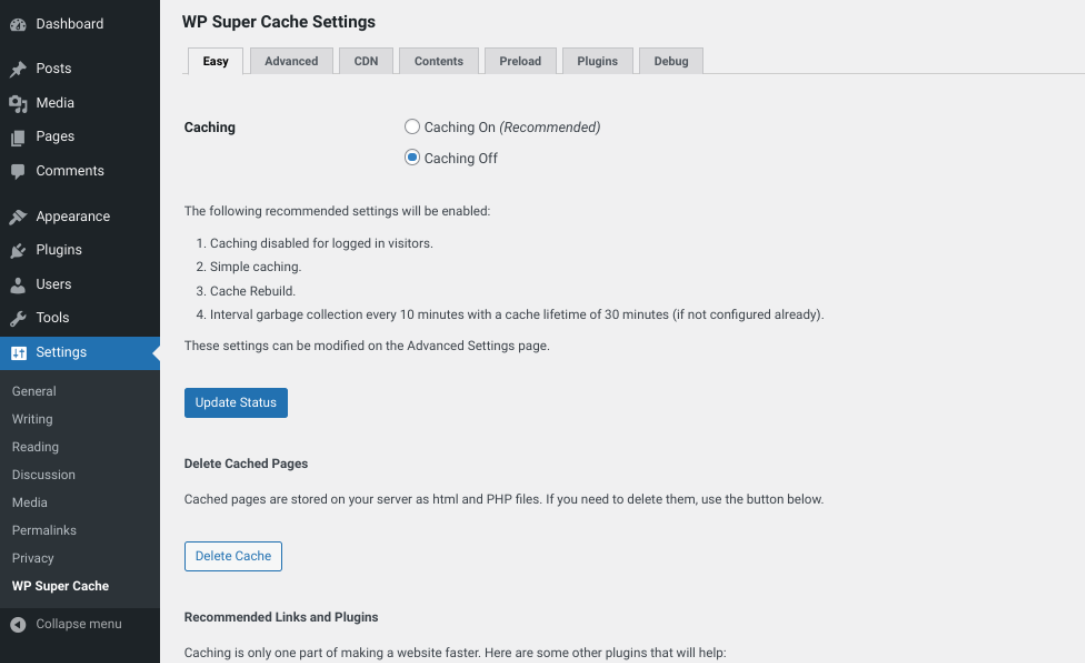 WP Super Cache 插件设置。
