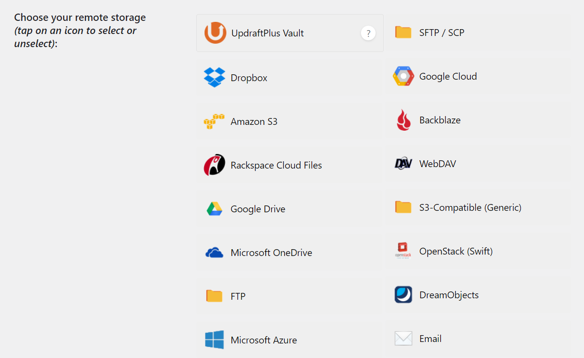 UpdraftPlus remote storage settings