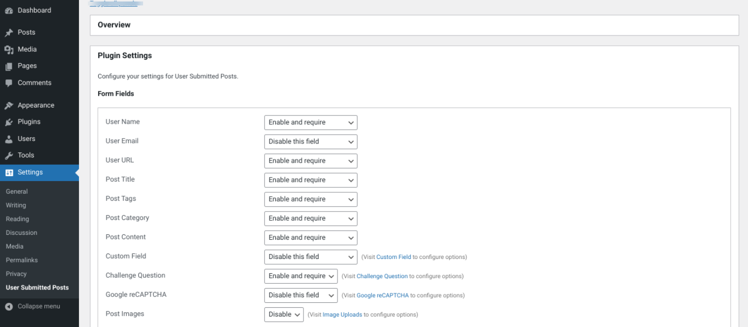 用户提交的帖子设置。