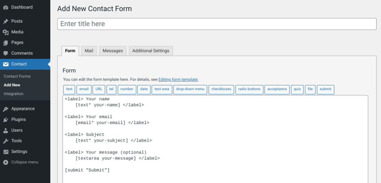Создание новой контактной формы с помощью контактной формы 7.