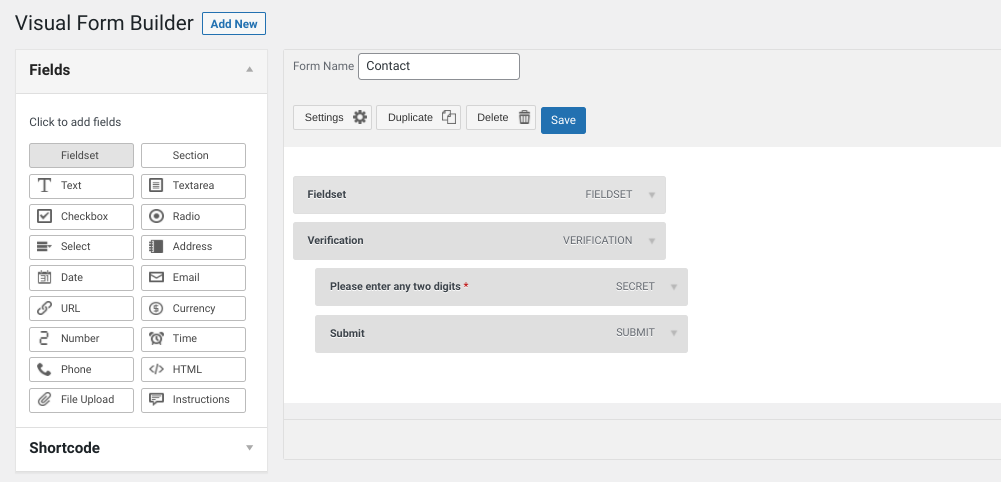 Интерфейс плагина Visual Form Builder.