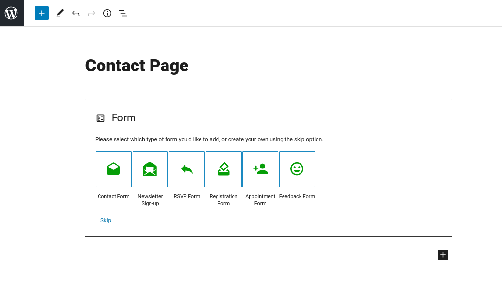 Блок Jetpack Form в редакторе WordPress.