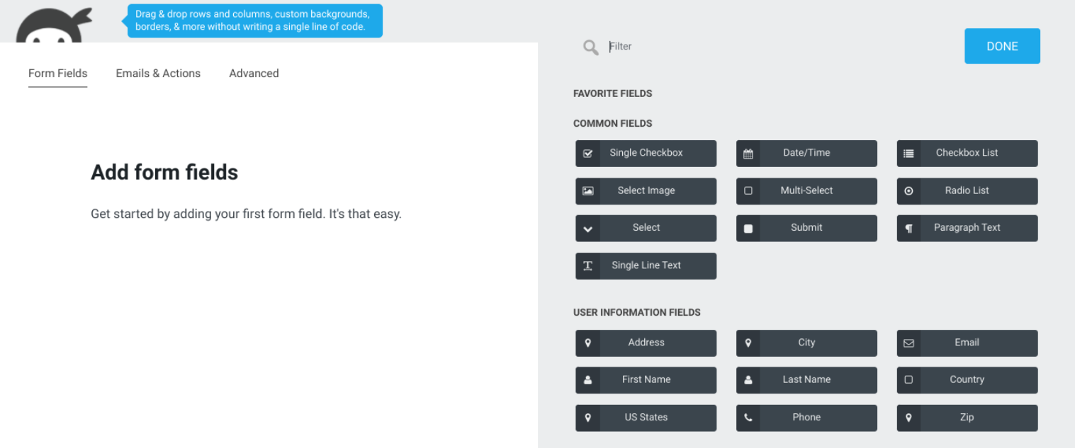 Интерфейс плагина Ninja Forms.