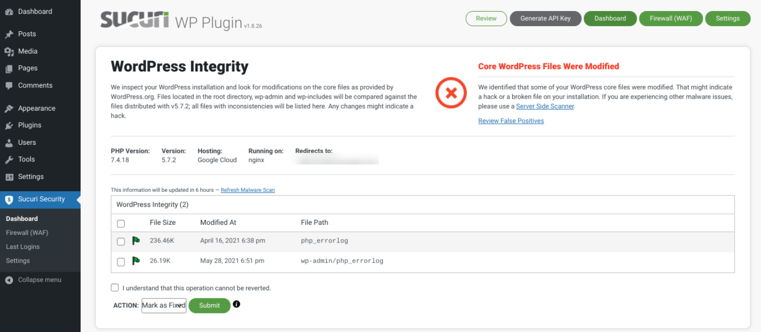 SucuriWordPressプラグインダッシュボード。