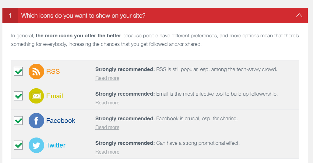 Выбор значков социальных сетей для отображения