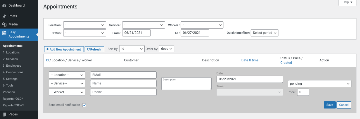 Интерфейс плагина Easy Appointments.