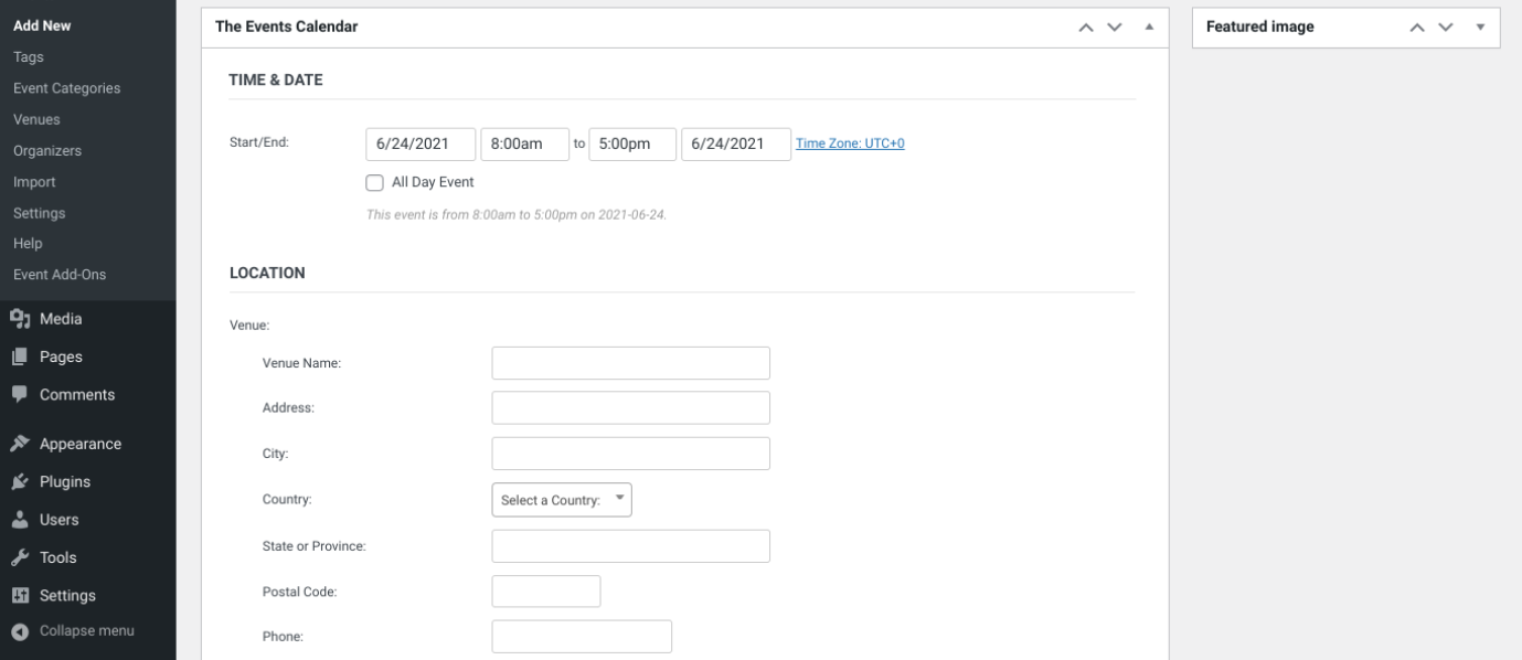 Интерфейс плагина Календарь событий.