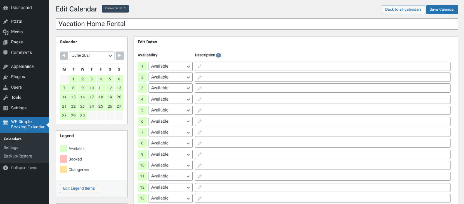 Настройки плагина WP Simple Booking Calendar.