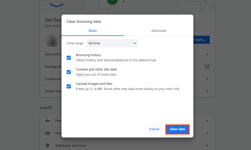 Chrome 中的“清除数据”窗口。