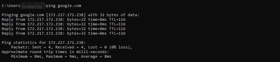 Pingen Sie Google an, um zu sehen, ob es funktioniert.