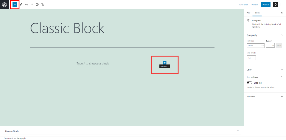 So fügen Sie Ihrem Beitrag oder Ihrer Seite den klassischen Block hinzu