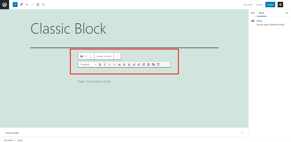 Klassische Blockeinstellungen und -optionen