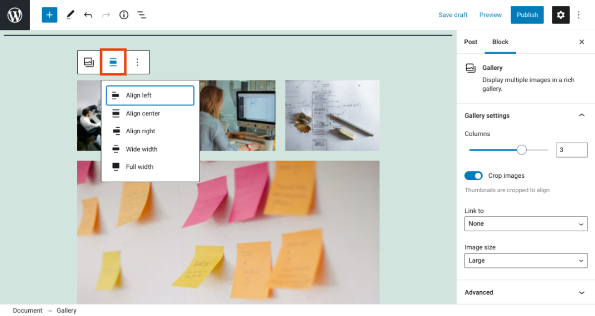 WordPress Gallery 塊的對齊選項。