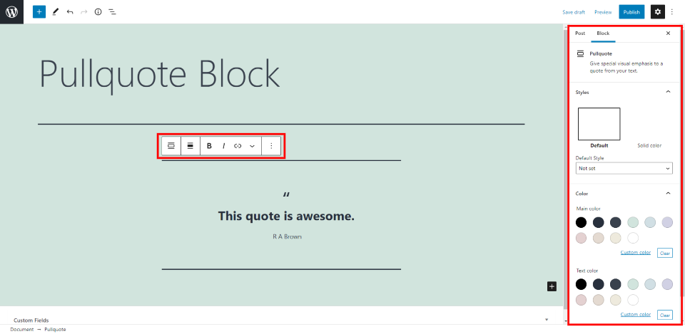 Pengaturan dan Opsi Blok Pullquote