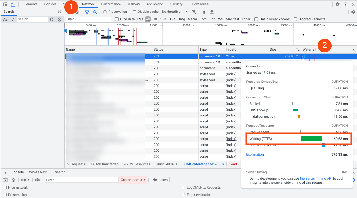 TTFB terdaftar di Chrome DevTools.