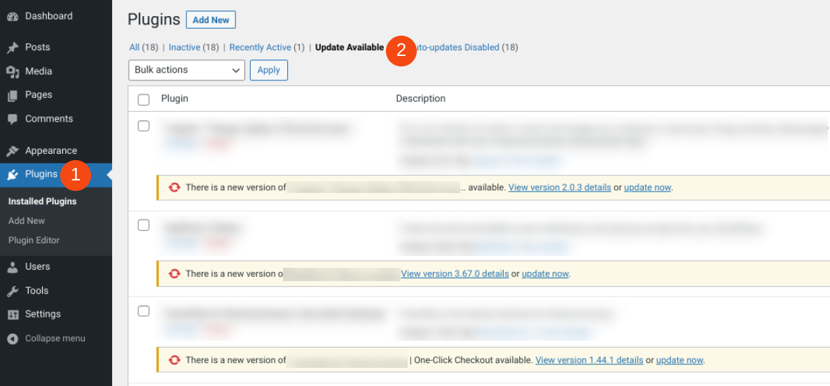 Layar pembaruan plugin di WordPress.