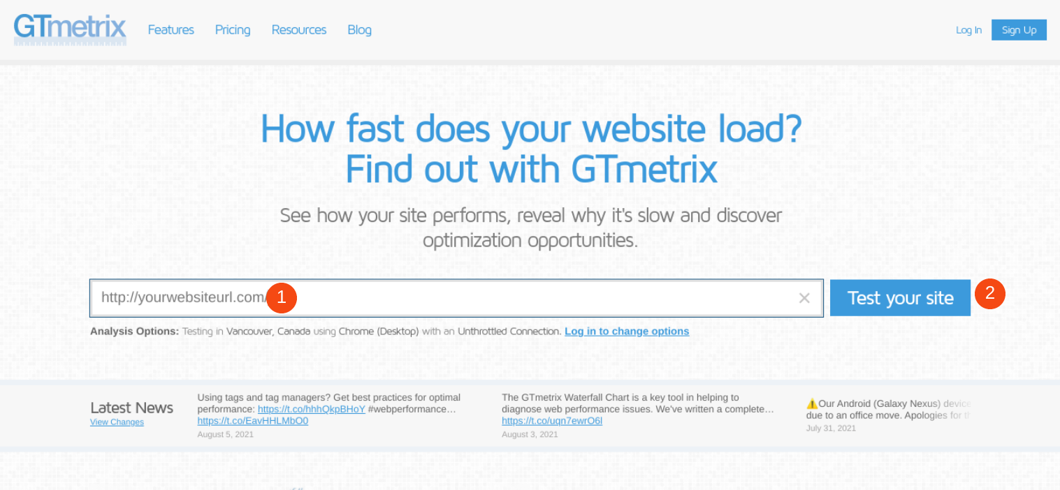 Situs web GTmetrix.