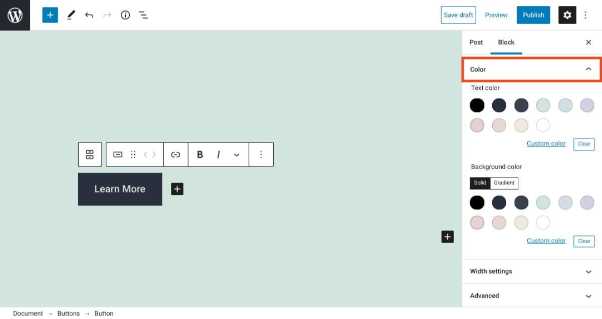 Tombol WordPress memblokir opsi warna.