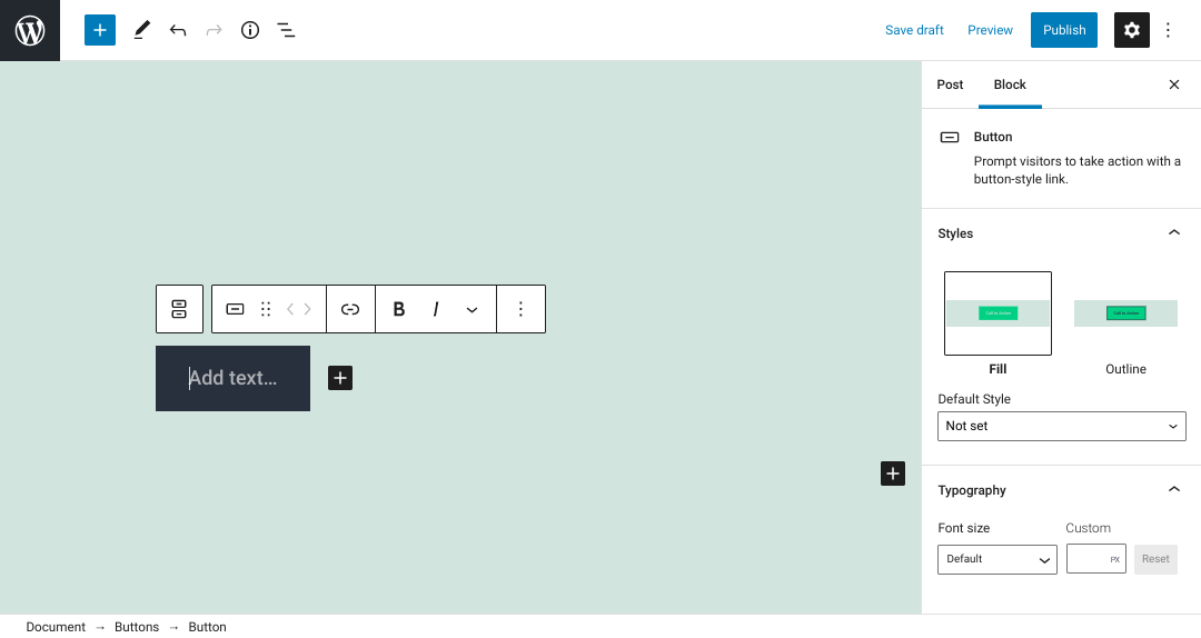 Opsi 'tambahkan teks' pada blok Tombol WordPress.