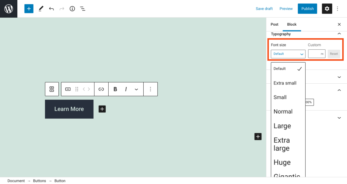 Menu ukuran font Tombol WordPress.