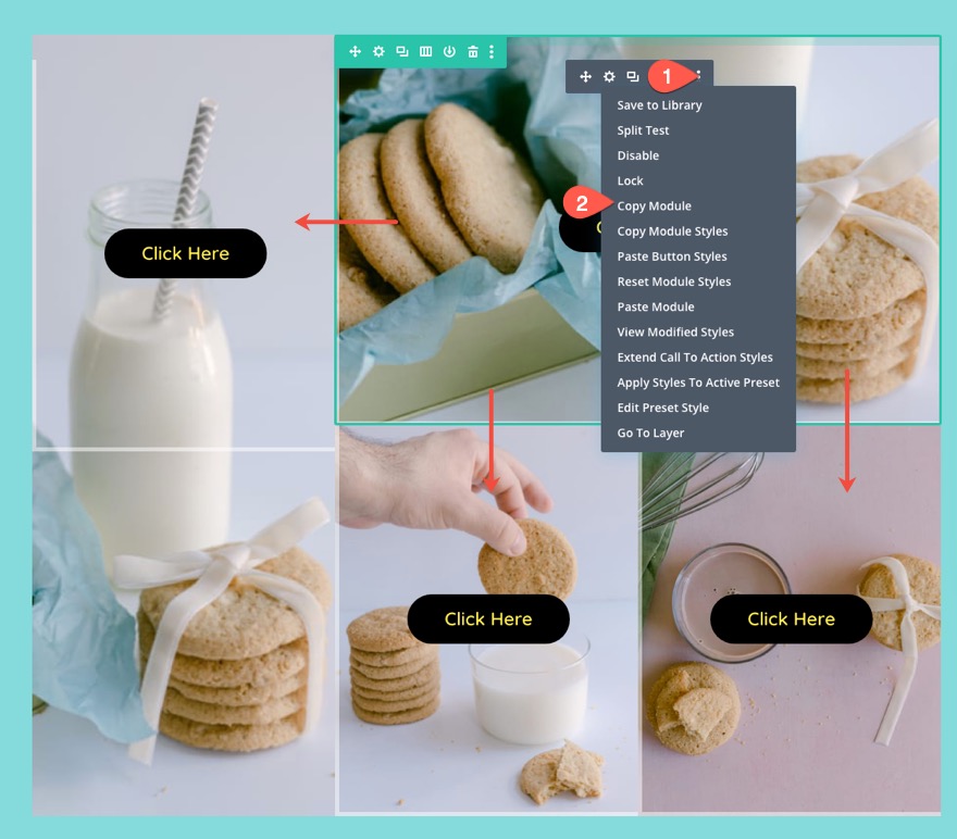 tata letak kotak gambar responsif divi dengan CTA dan overlay arahkan