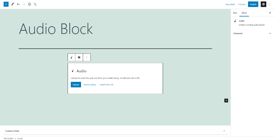 Como adicionar o bloco de áudio à sua postagem ou página
