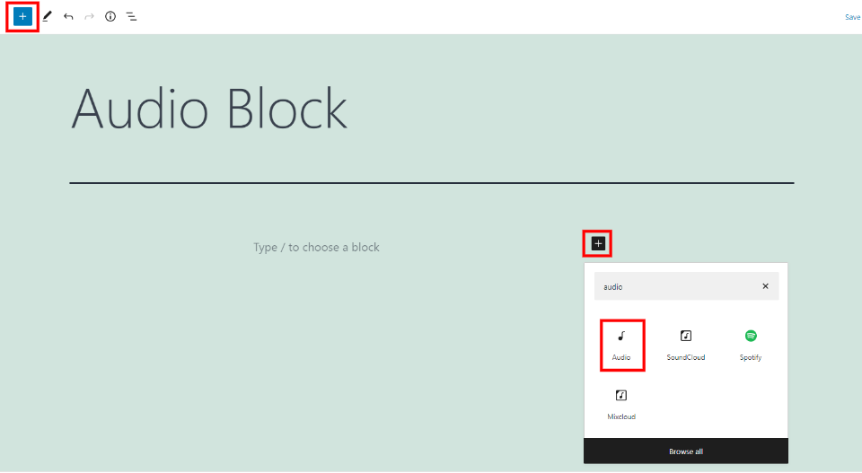 Como adicionar o bloco de áudio à sua postagem ou página
