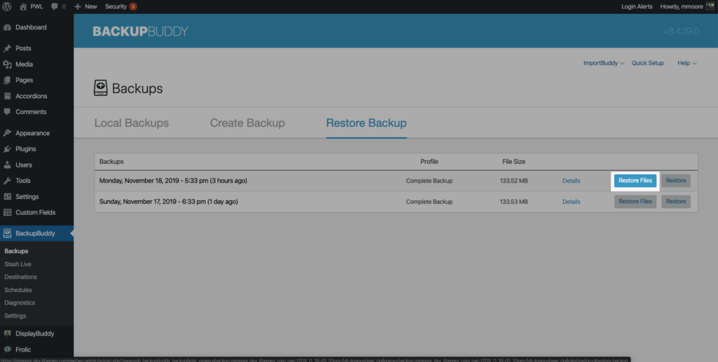 Tombol Kembalikan File BackupBuddy