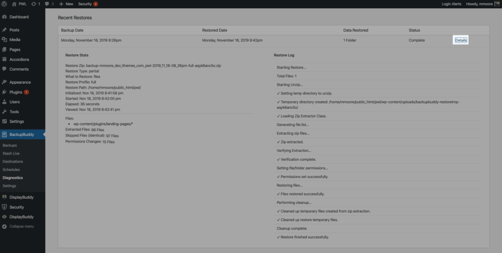 BackupBuddy Restore Statistik dan Log