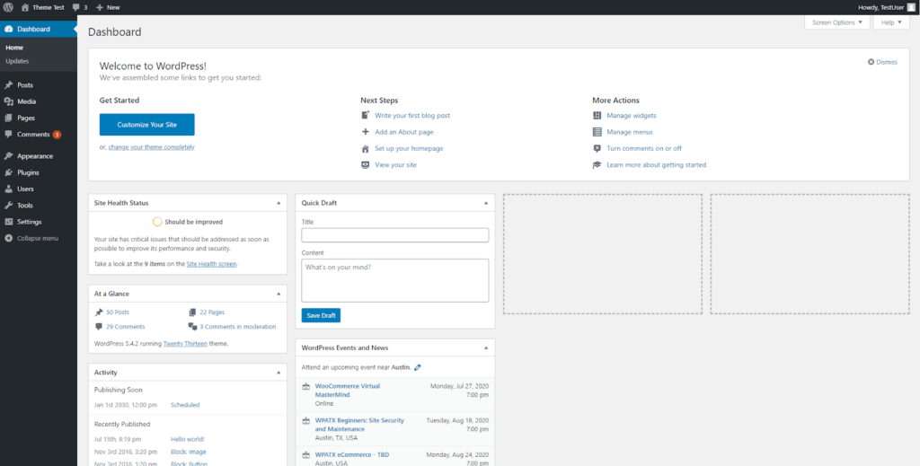 WordPress 管理仪表板