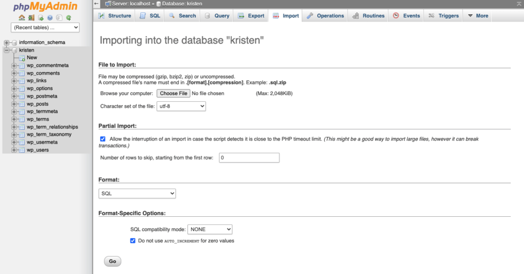 import WordPress database