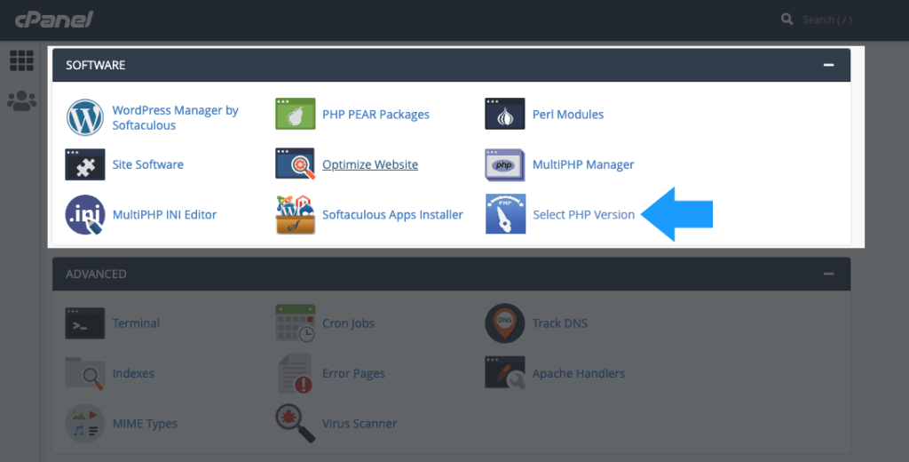 seleziona la versione php