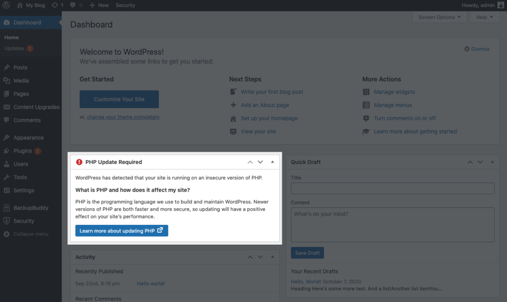 Messaggio di errore richiesto per l'aggiornamento PHP di WordPress