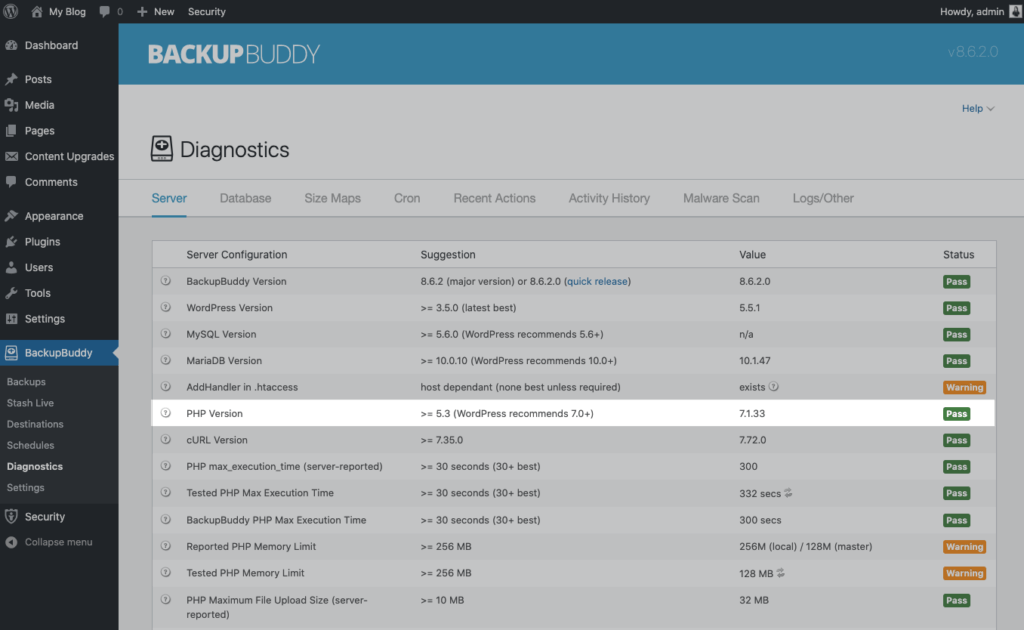versione php wordpress