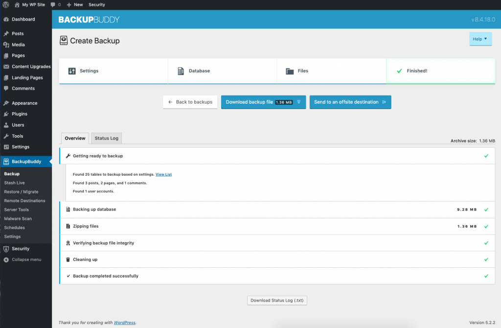 WordPress-Backup abgeschlossen