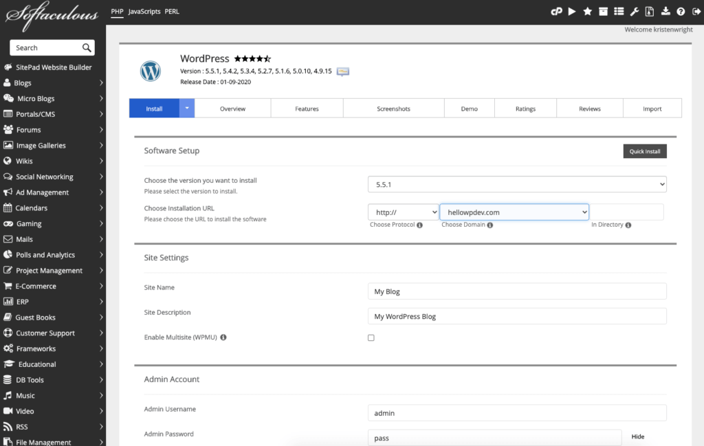 installazione di wordpress softaculous