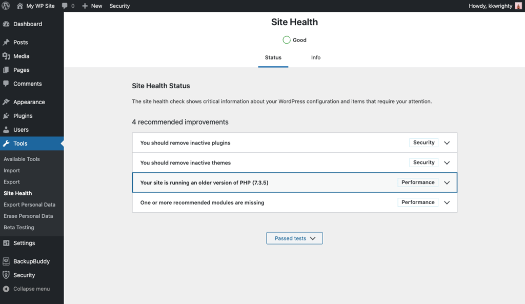 Salute del sito WordPress