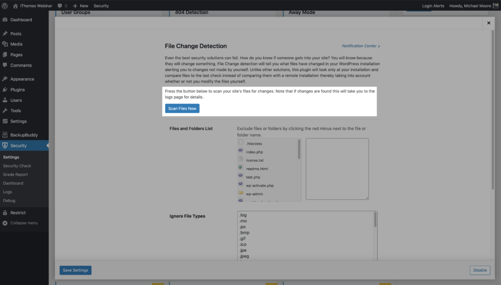 Schaltfläche "WordPress Security Scan for File Changes"