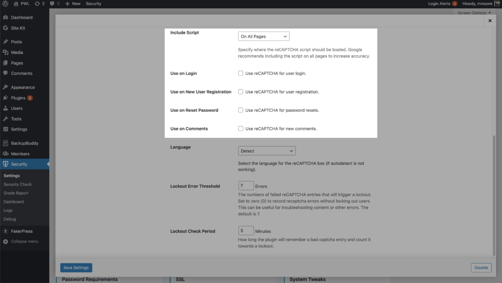 WordPress Security ReCaptcha Skriptoptionen einschließen
