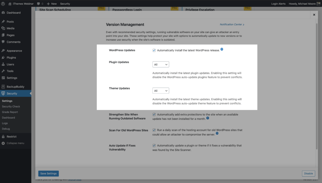 Einstellungen für die WordPress-Sicherheitsversionsverwaltung