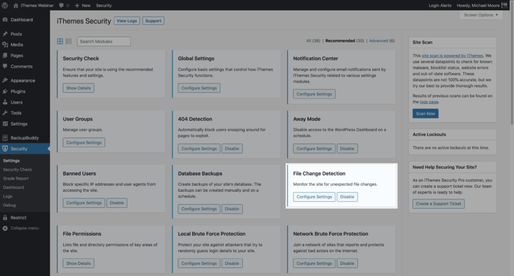 Einstellungen zur Erkennung von Änderungen an WordPress-Sicherheitsdateien