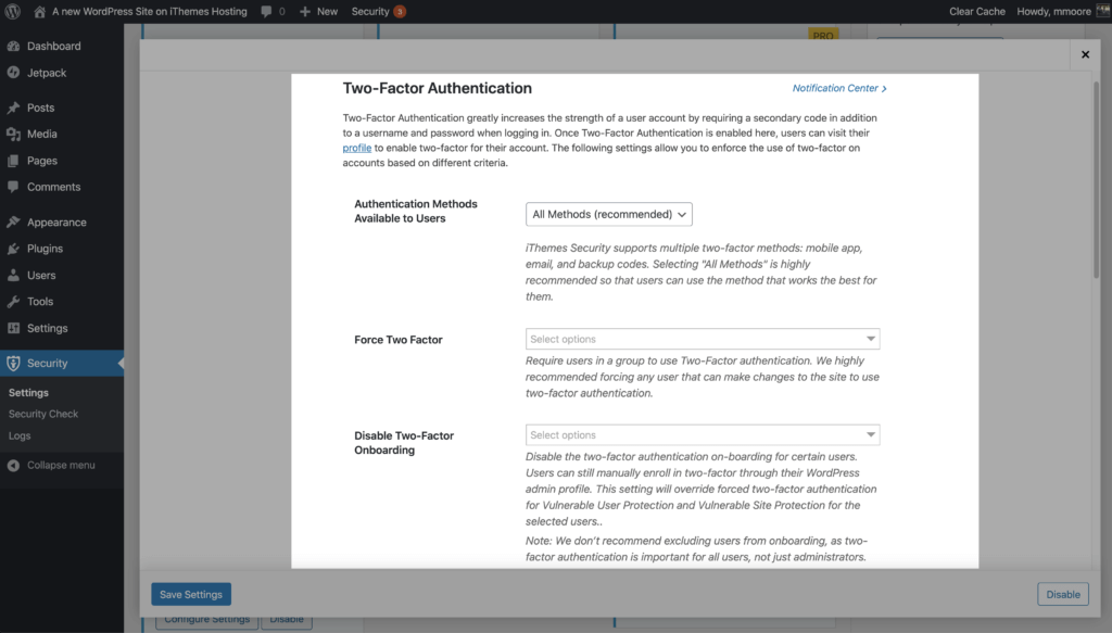 WordPress Security 2fa Optionen