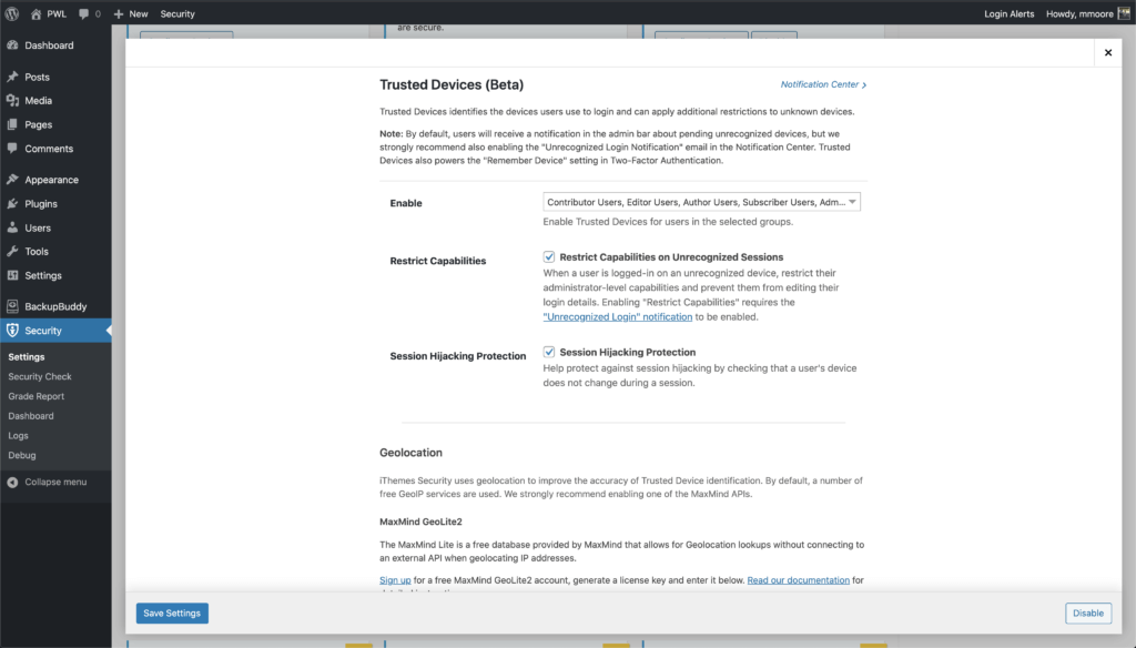 Einstellungen für vertrauenswürdige WordPress-Sicherheitsgeräte