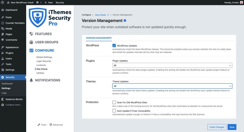 Gestión de versiones de iThemes Security Pro