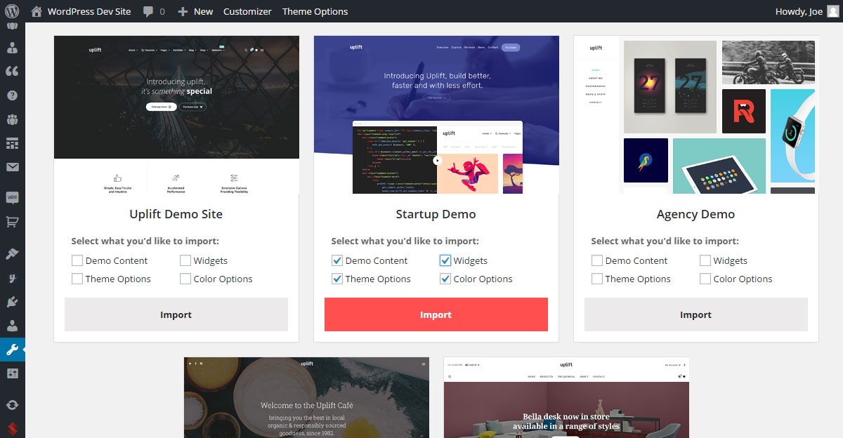 Démo d'importation de révision de thème WordPress Uplift