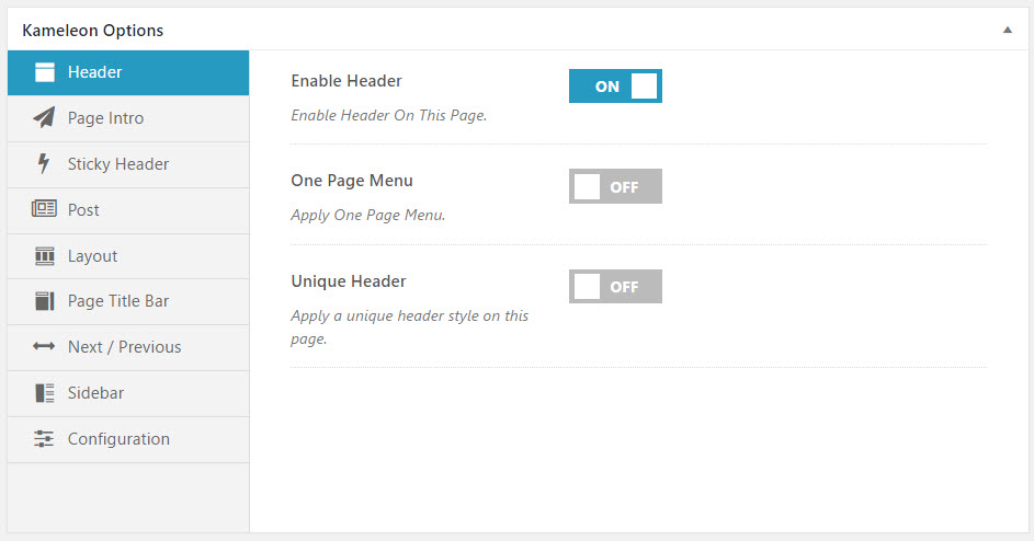 Panneau d'options Kameleon