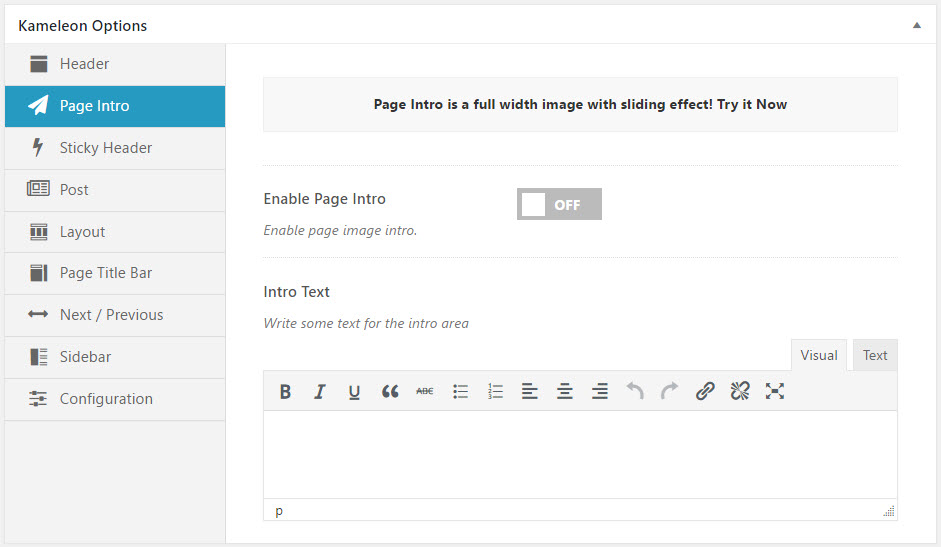 Paramètres d'introduction de la page du panneau d'options de Kameleon